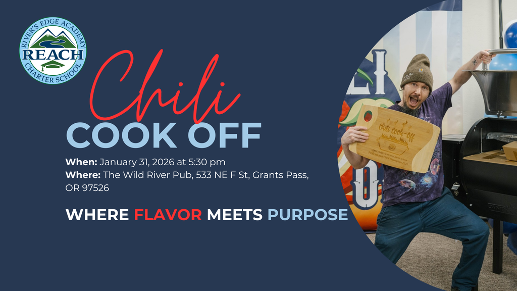 A graphic shows a man posing with a grill and a cutting board. Text reads, "Chili cook off. When: January 31, 2026 at 5:30 pm. Where: The Wild River Pub. Where: the Wild River Pub, 533 NE F St, Grants Pass, OR 97526. Where Flavor Meets Purpose"