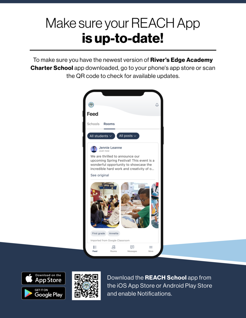 A graphic shows a phone depicting REACH's app. The text reminds users to go to the app store and search for REACH's app to ensure the most up-to-date version is being used.