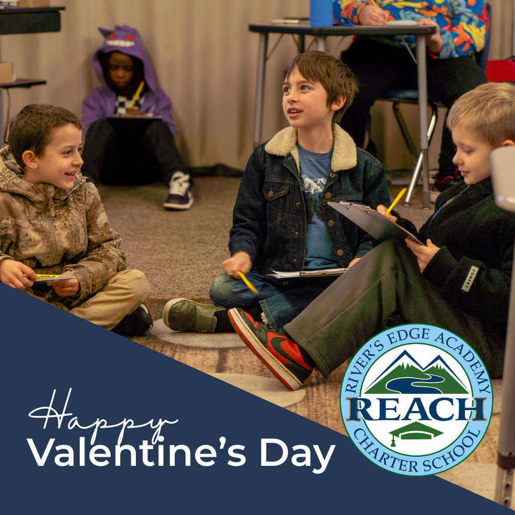 3 students sit on the ground, writing on notepads. Text reads "Happy Valentine's Day" next to the REACH School logo.