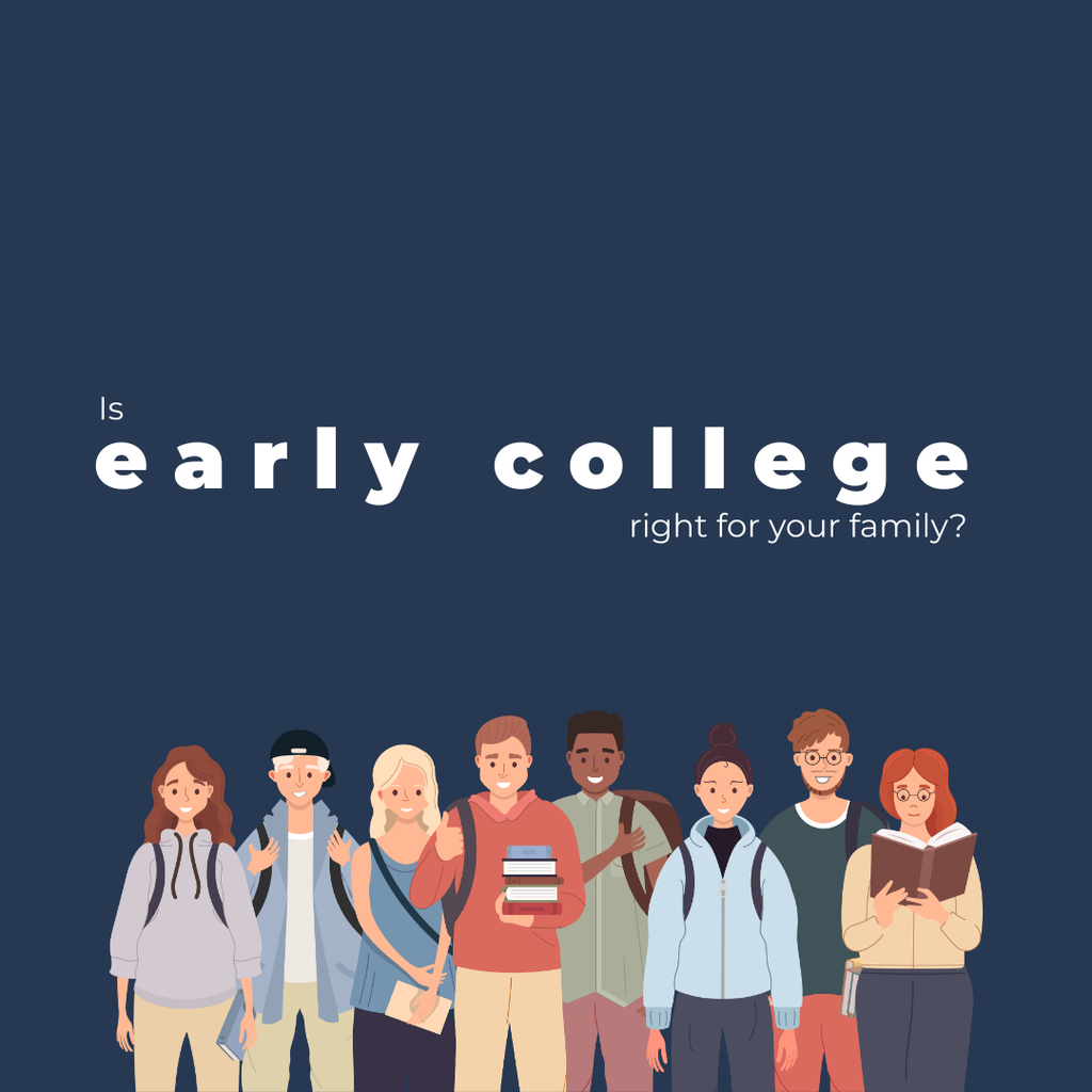 Text reads "Is early college right for your family?" and graphics of children are across the bottom.