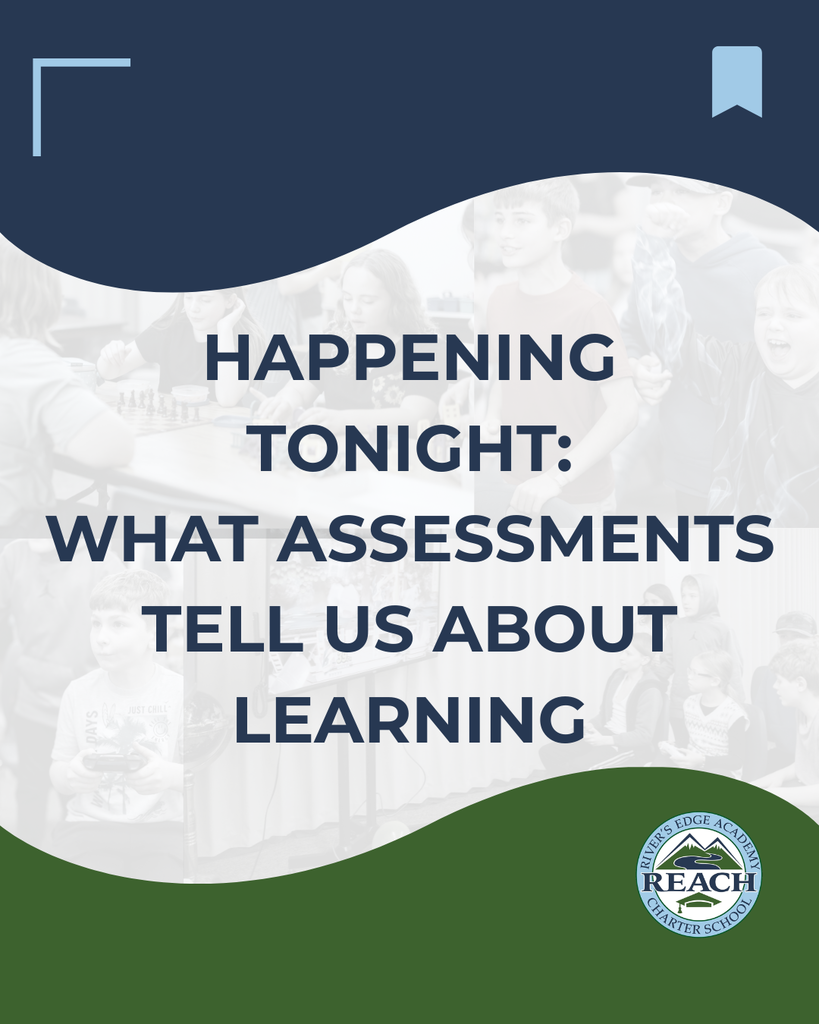 There is a blue cut out with a wavy edge at the top of the photo with a square and ribbon icon. On the bottom, a wavy edged green cut out mirrors it, with the REACH school logo. The background is photos of children in a classroom. Over the top, there is the text, "Happening Tonight: What assessments tell us about learning."