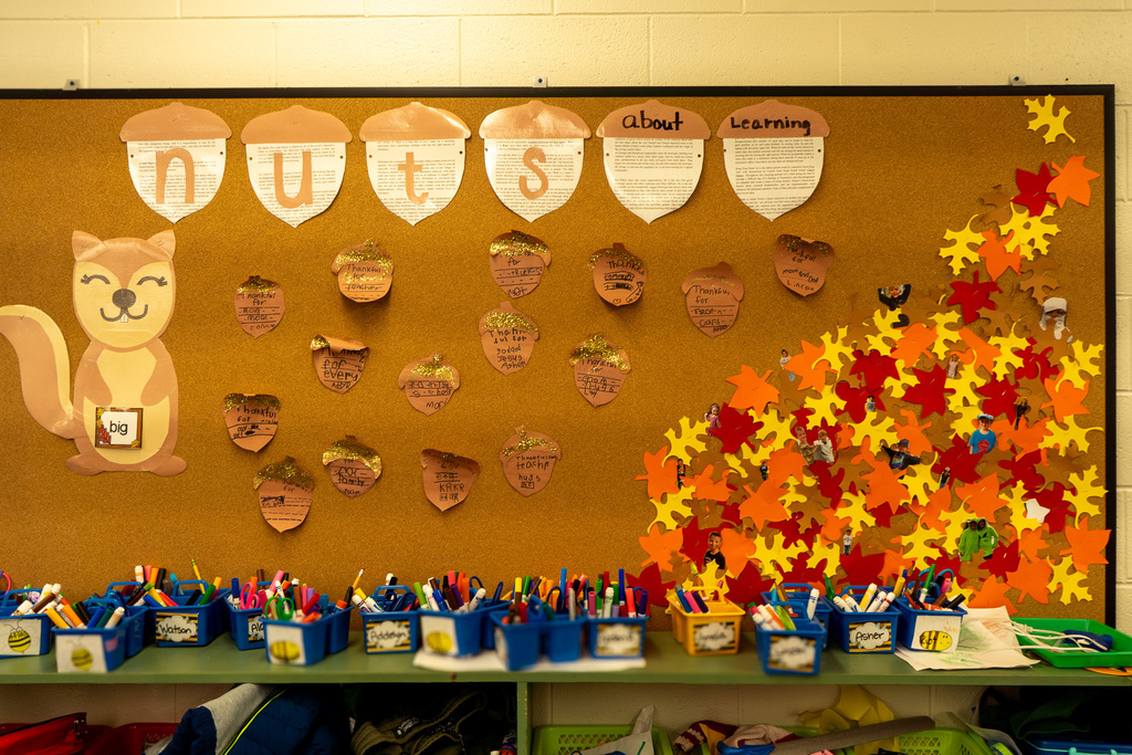 A cork board has a cartoon squirrel with paper acorns above it that spell "nuts about learning". Hand cut orange, red, and yellow leaves decorate the other side.
