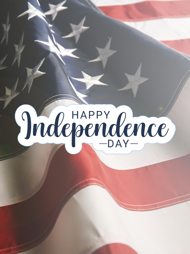 An American flag is the background for the text "Happy Independence Day".