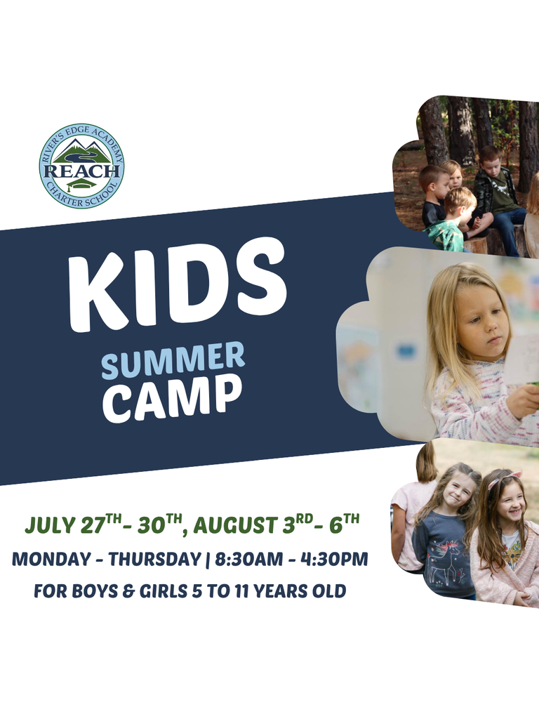 Three photos show children smiling and playing outdoors. The text reads, "Kids summer camp. July 27th to July 30th and August 3rd to 6th. Monday through Thursday from 8:30 am to 4:30 pm. For boys and girls 5 to 11 years old."