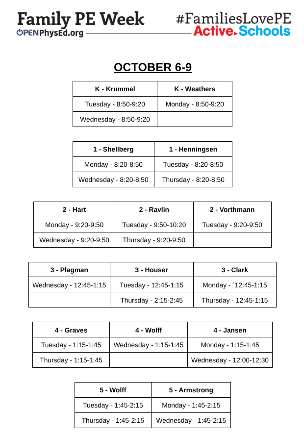 Family PE Week Schedule - Oct. 6-9