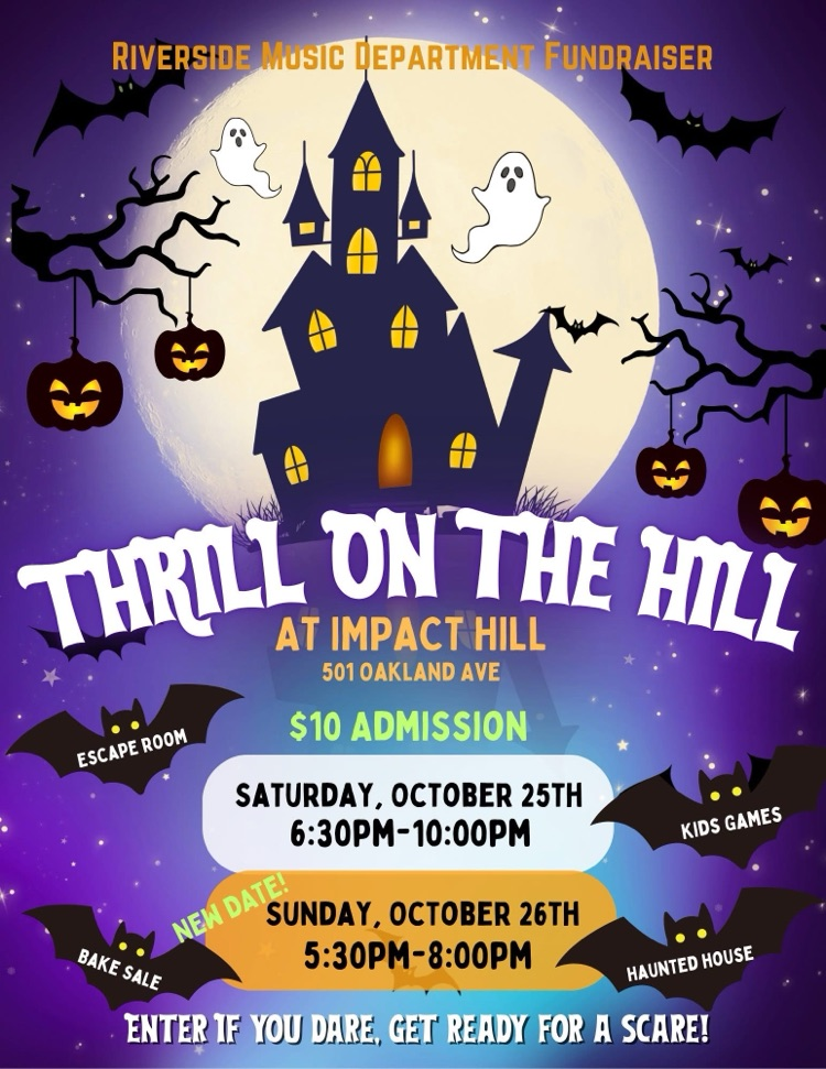Our Music Department’s Thrill On The Hill is back! Join the band and choir this Saturday and Sunday night at Impact Hill for thrills including the haunted house, escape room, face painting, games, and bake sale! Admission is $10. See you there!
