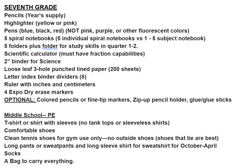 7th Grade List