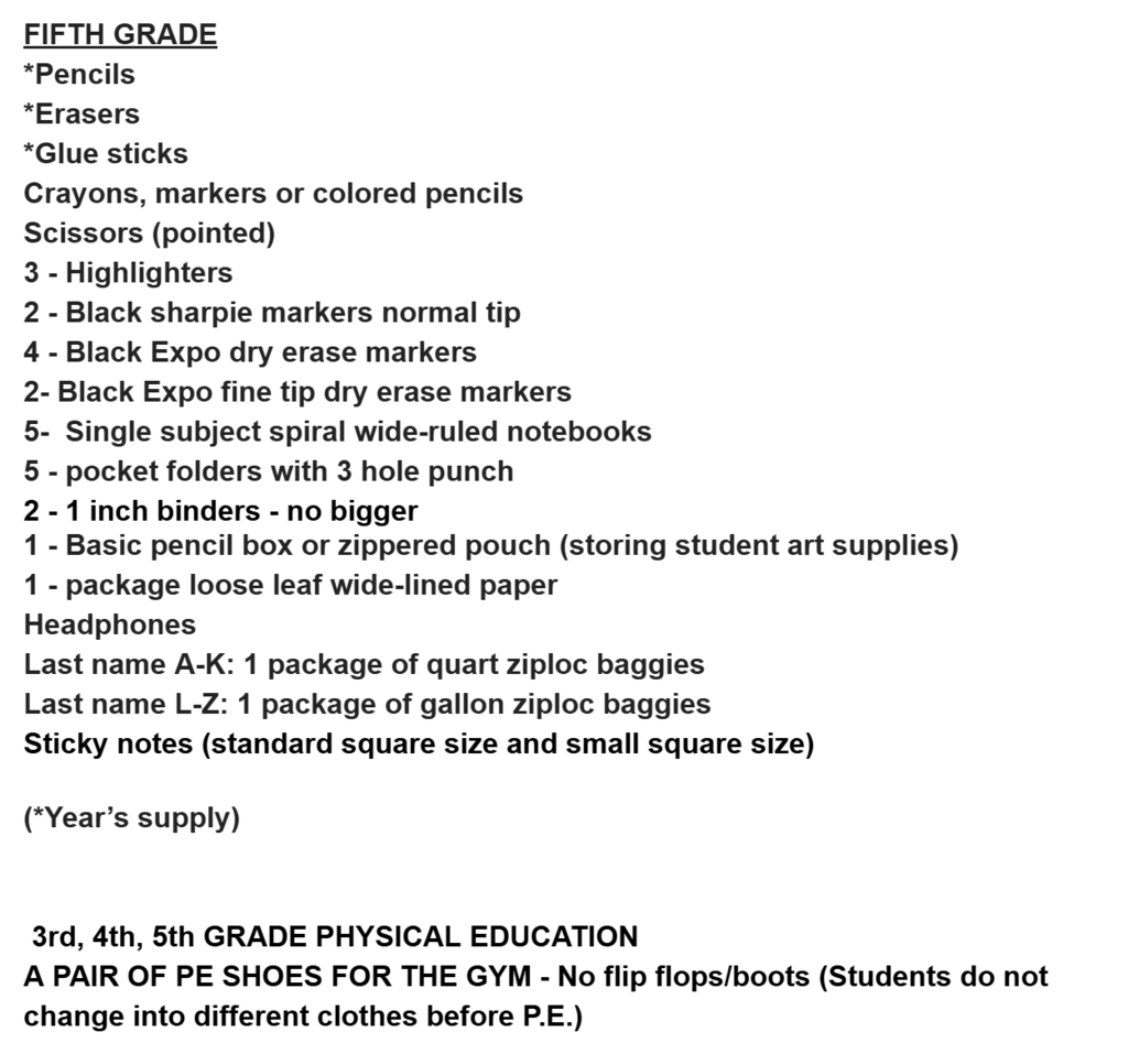 5th Grade List