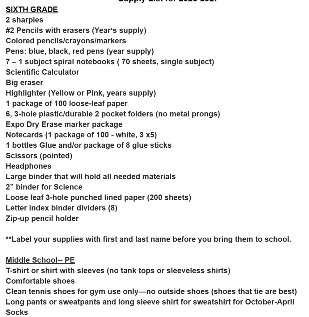 6th Grade List