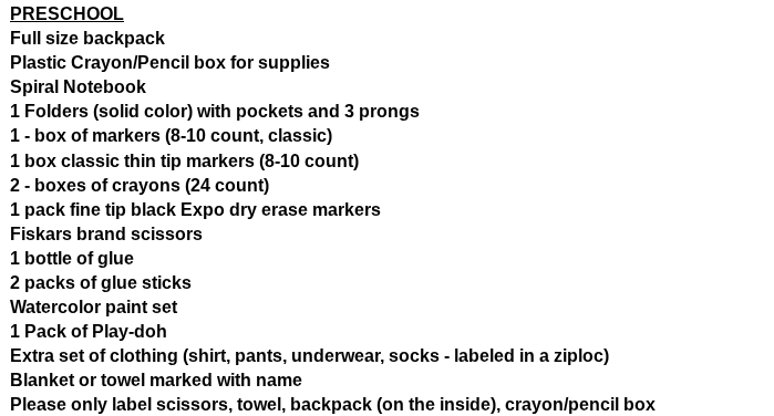 Preschool Supplies