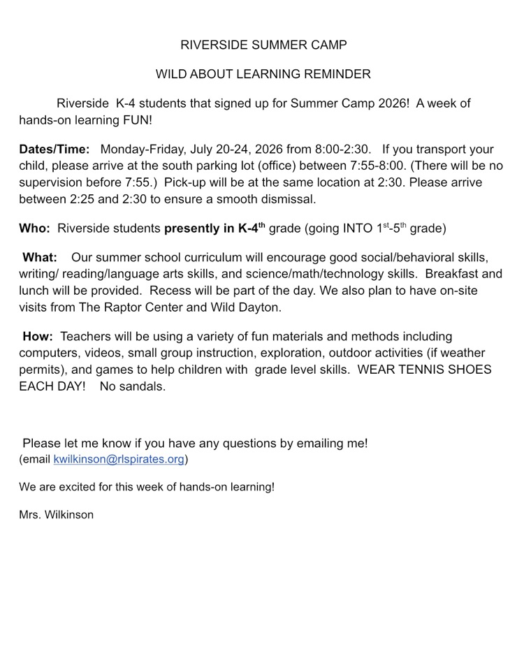 Riverside Summer Camp Reminder 