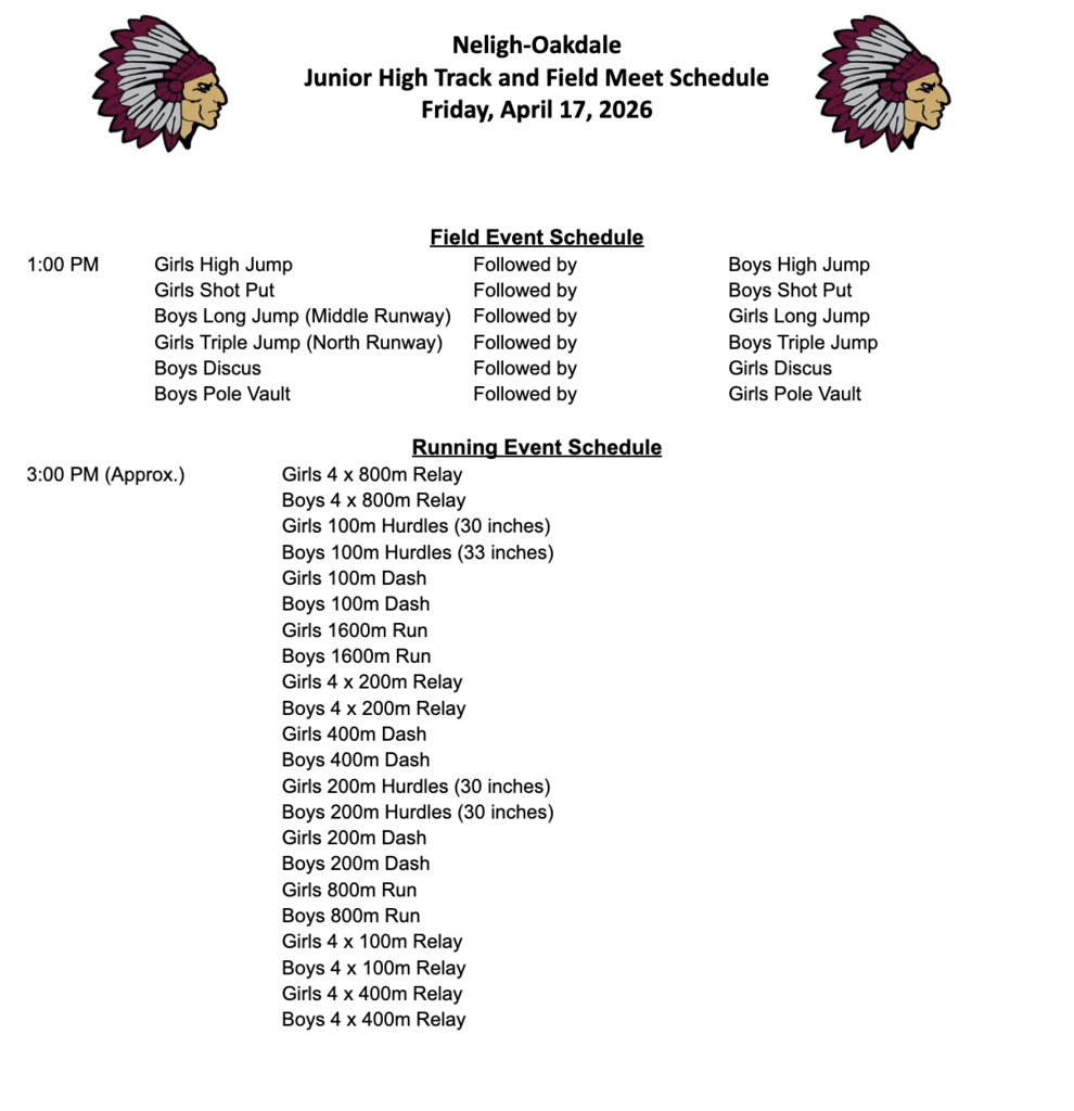 Neligh Oakdale JH track schedule of events