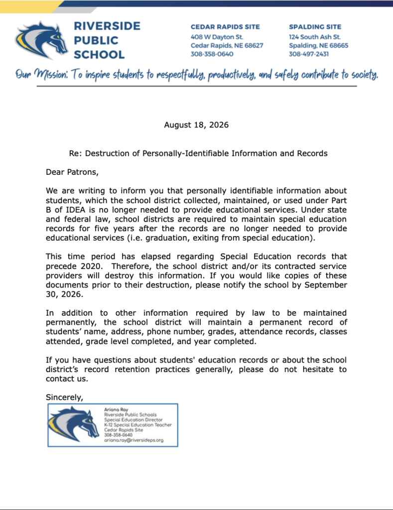 2026 Notice of Destruction of SPED Records preceding 2020