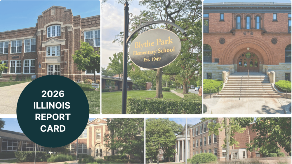 report card with five school facades in background