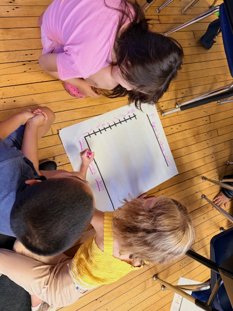 Second graders in Ms. Neal's class taking a gallery walk around the rug to seethe bar graphs and picture graphs that different groups created.