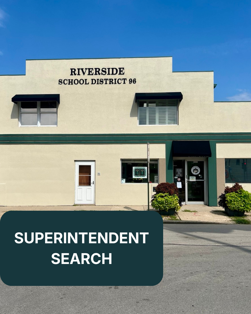 photo of district building with text overlay: superintendent search