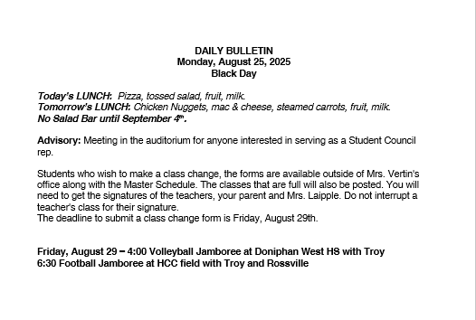 8/25/25 HS Daily Bulletin
