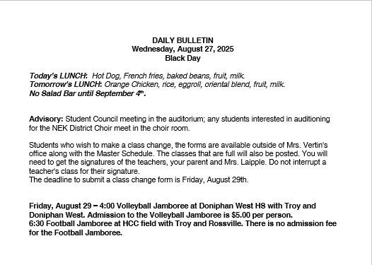 8/27/2025 High School Daily Announcements