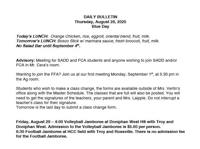 8/28/2025 HS Daily Announcements