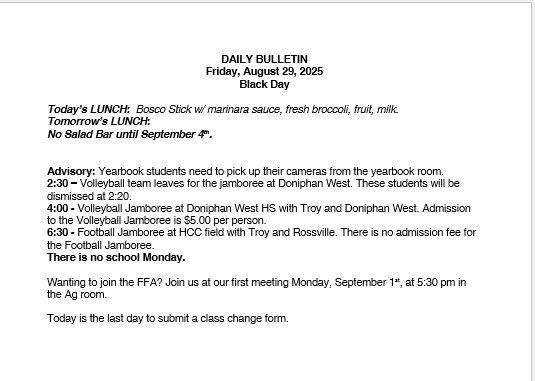 8/29/2025 HS Daily Announcements