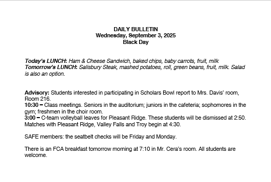 9/3/25 HS Daily Bulletin