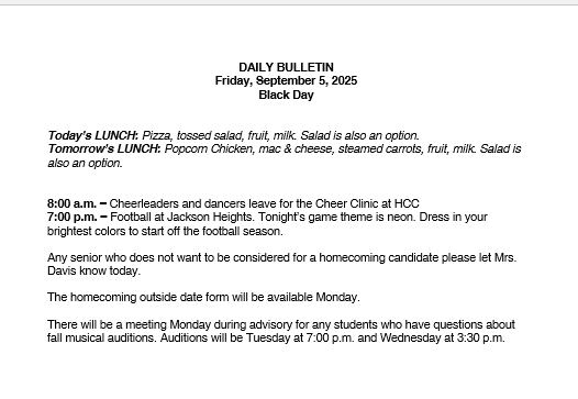 9/5/25 HS Daily Bulletin