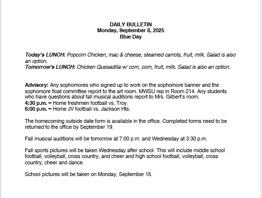9/8/25 HS Daily Bulletin