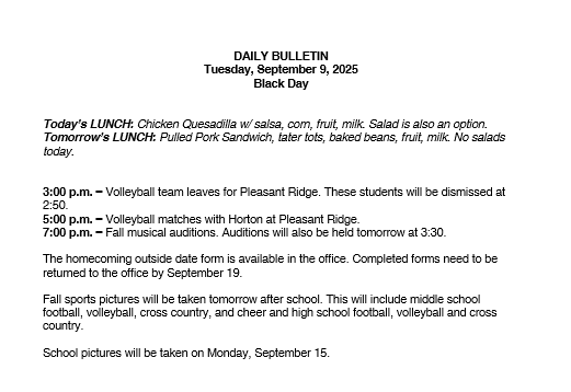 9/9/25 HS Daily Bulletin