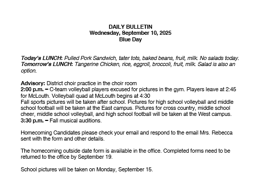 9/10/25 HS Daily Bulletin