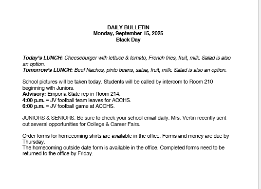 9/15/25 HS Daily Bulletin