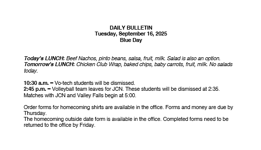 9/16/25 HS Daily Bulletin