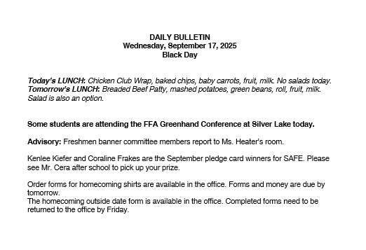 9/17/25 HS Daily Bulletin