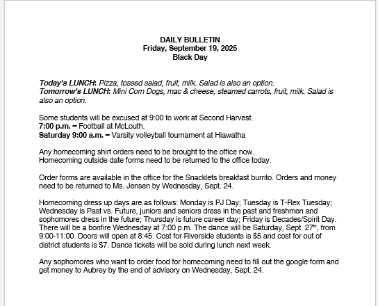 9/19/25 HS Daily Bulletin