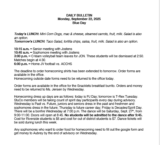 9/22/25 HS Daily Bulletin