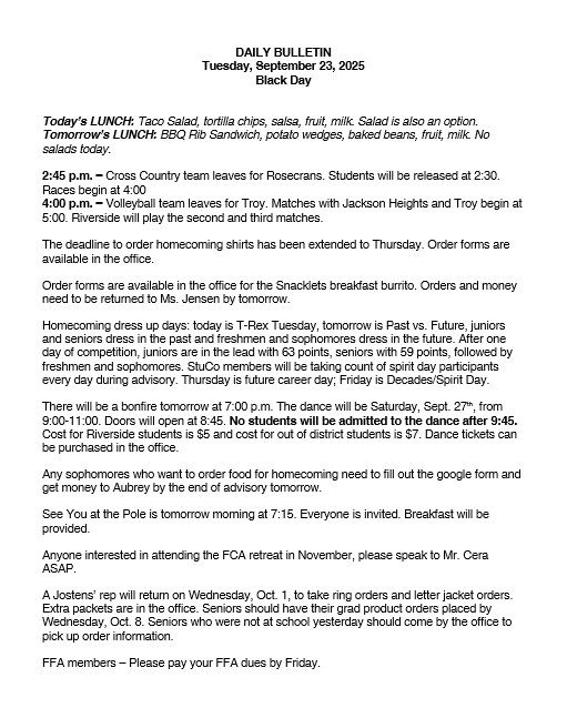 9/23/25 HS Daily Bulletin
