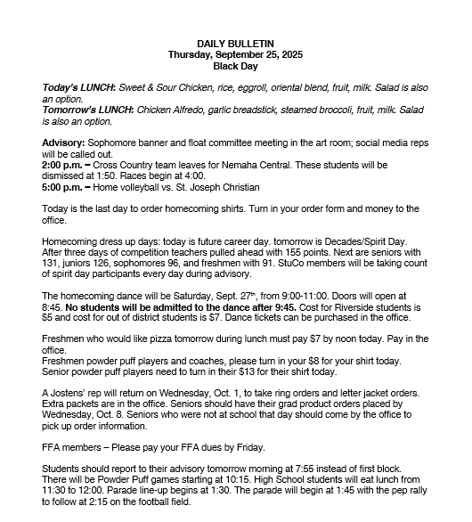9/25/25 HS Daily Bulletin