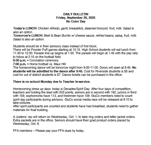 9/26/25 HS Daily Bulletin