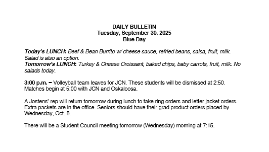 9/30/25 HS Daily Bulletin