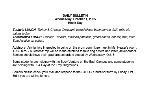 10/1/25 HS Daily Bulletin