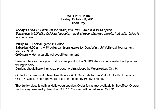 10/3/25 HS Daily Bulletin