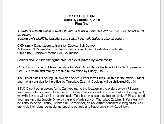 10/6/25 HS Daily Bulletin