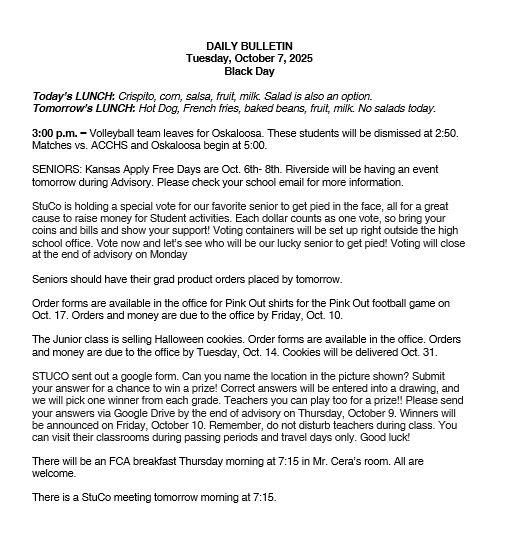 10/7/25 HS Daily Bulletin