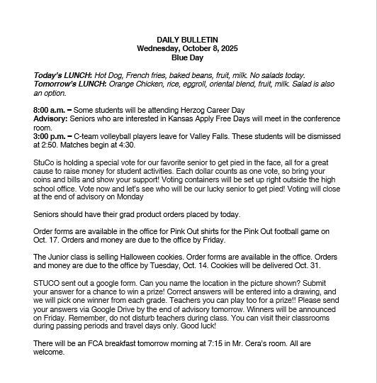 10/8/25 HS Daily Bulletin