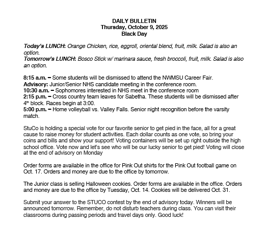 10/9/25 HS Daily Bulletin
