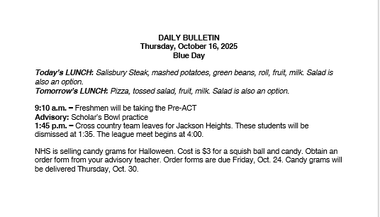 10/16/25 HS Daily Bulletin