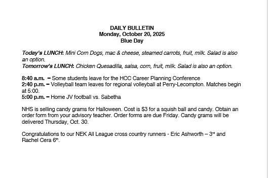 10/20/25 HS Daily Bulletin