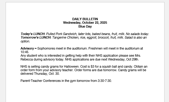 10/22/25 HS Daily Bulletin