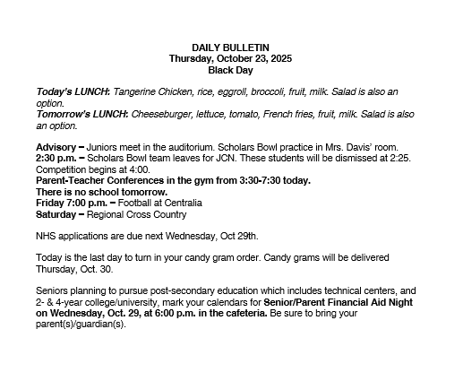 10/23/25 HS Daily Bulletin