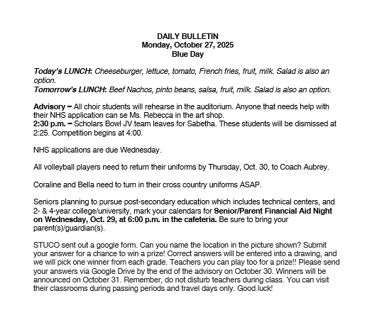 10/27/25 HS Daily Bulletin