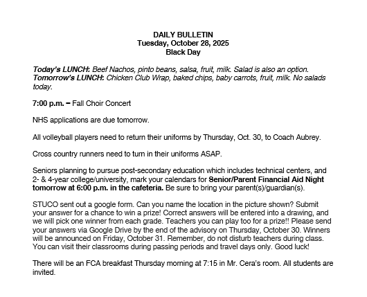 10/28/25 HS Daily Bulletin